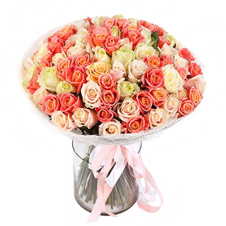 Букет из 101 розы (персиковые, кремовые, белые) "Нарцисс"